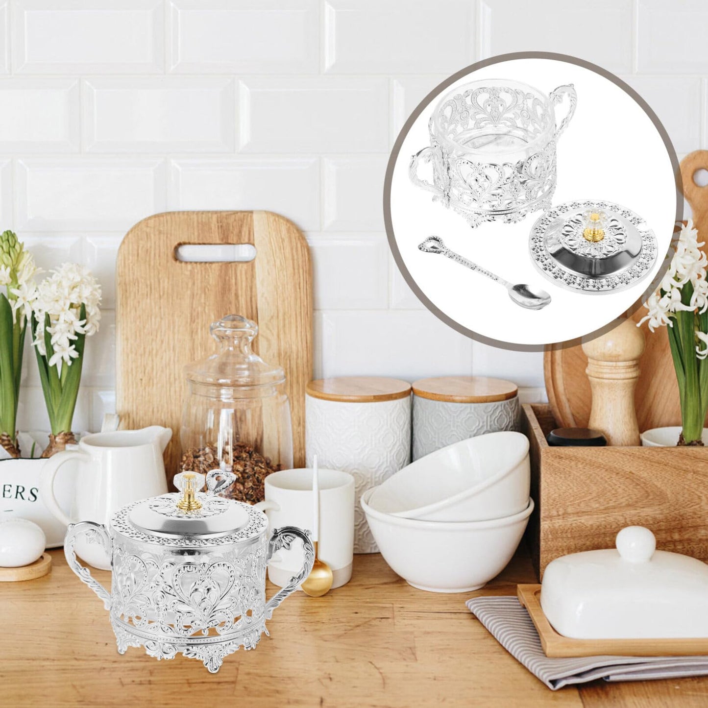 Kichvoe Glass Candy can Storage Jar with Spoon Airtight Food Container for Sugar Seasoning Condiments 5.90X3.93X3.54In Kitchen Countertop Organizer