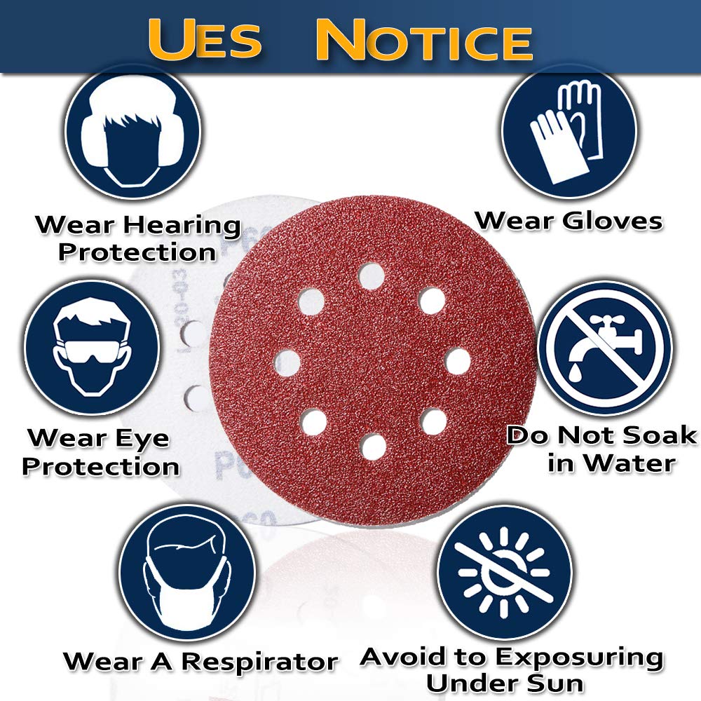 100pcs 125mm Sanding Discs, (Hook and Loop 20 x 40/60/80/120/180 Mixed Grit), 8 Hole 5 Inch Round Sanding Discs Pads for Random Orbital Sander by AniSqui