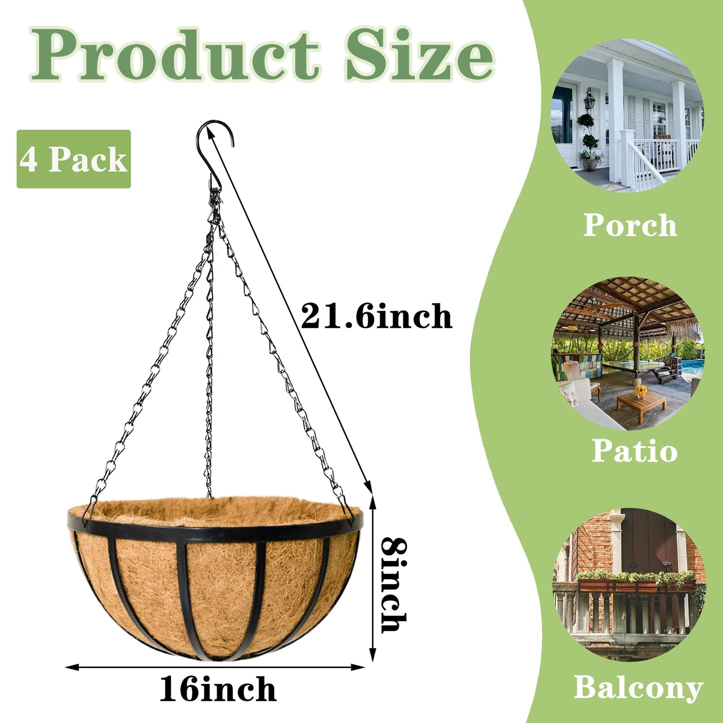 Black Flat Iron Metal Hanging Planter Basket with Coco Coir Liner(4 Pack, 16 Inch) Hanging Planters for Outdoor Plants Round Plant Flower Pots Hanging Flower Basket for Outdoor Patio Garden Decoration