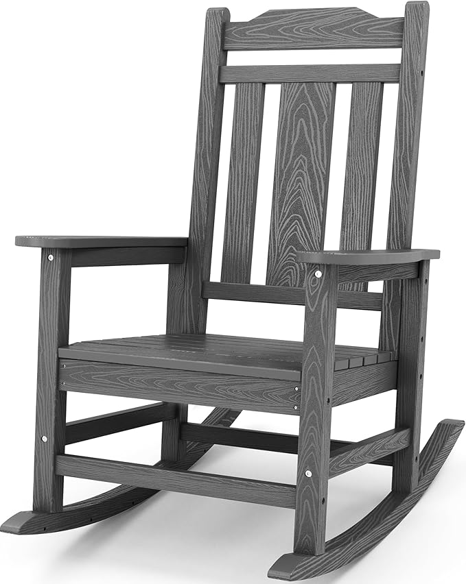 SERWALL Oversized Rocking Chair Outdoor, HDPE Outdoor Rocking Chair, Grey