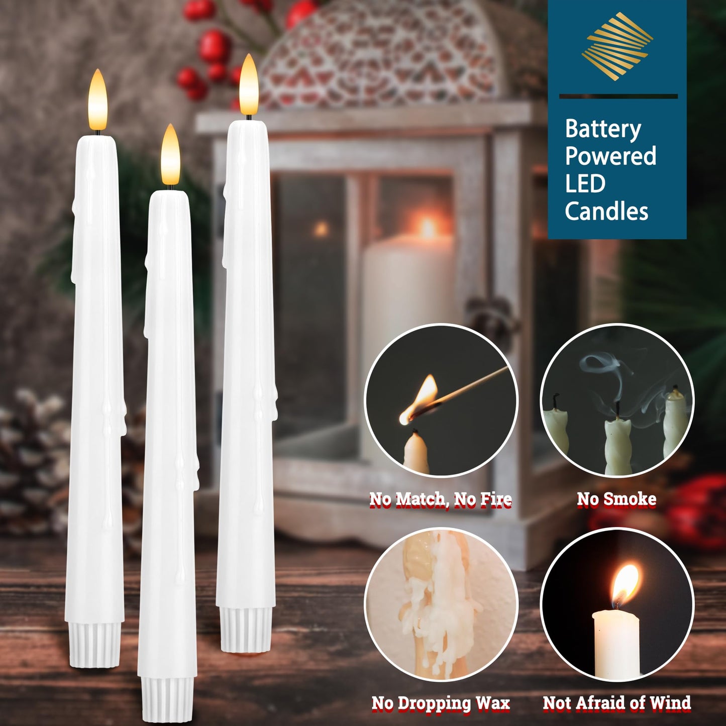SEHNSY Dripless Flameless Taper Candles with Remote, Real Wax Battery Operated LED Candles Set with 3D Flickering Flame, 3Pcs White 9.6" Realistic Candlesticks as Mothers Day Gifts, Gifts for Mom