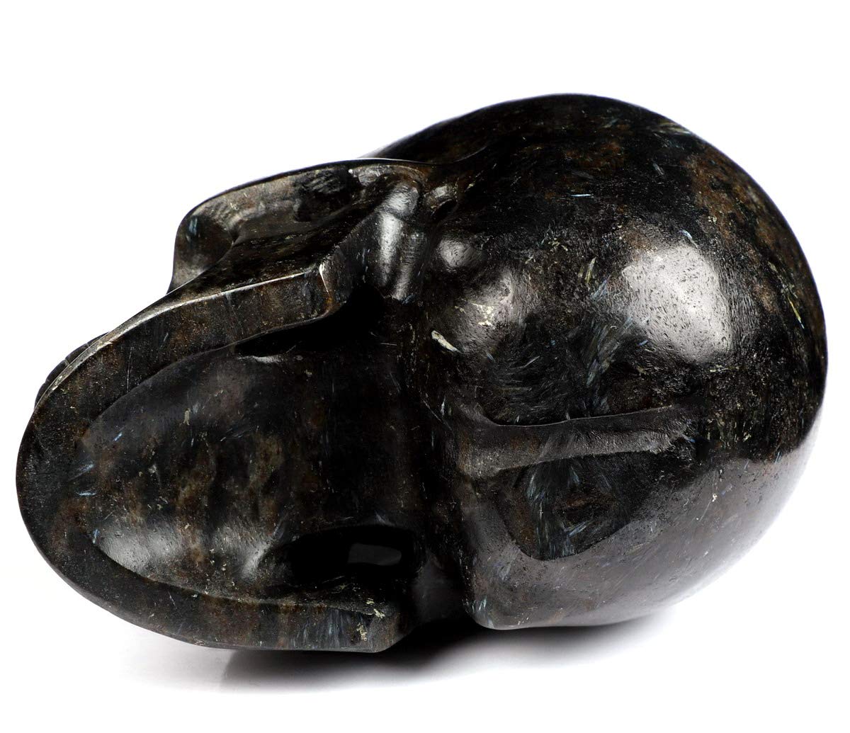 Skullis 5.0" Russian Arfvedsonite Crystal Skull, Hand Carved Gemstone Fine Art Sculpture, Reiki Healing Stone Statue.