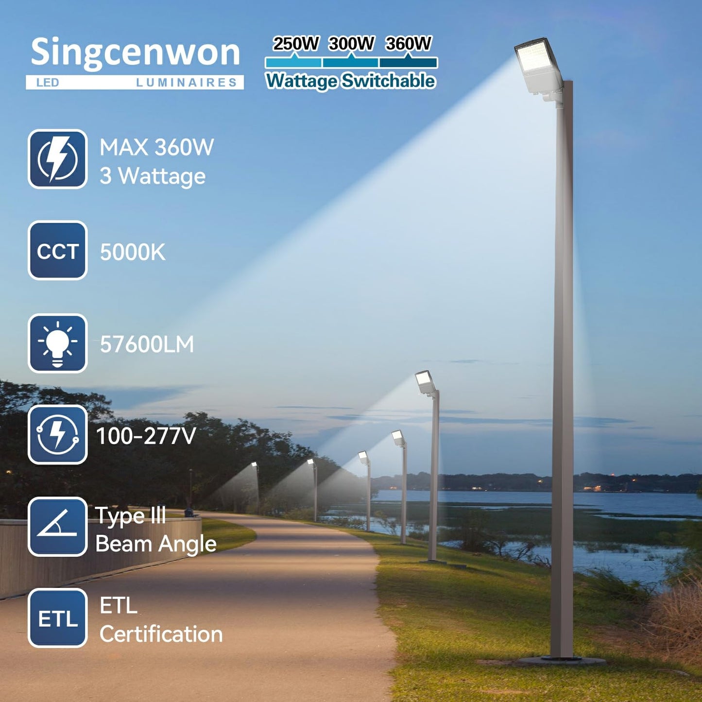 360W LED Parking Lot Light 2Pack: 250/300/360W Selectable, 57600LM 5000K LED Shoebox Light with Photocell, Arm Mount Flood Light, Commercial Outdoor Area Lighting for Driveway Stadium Roadways, ETL