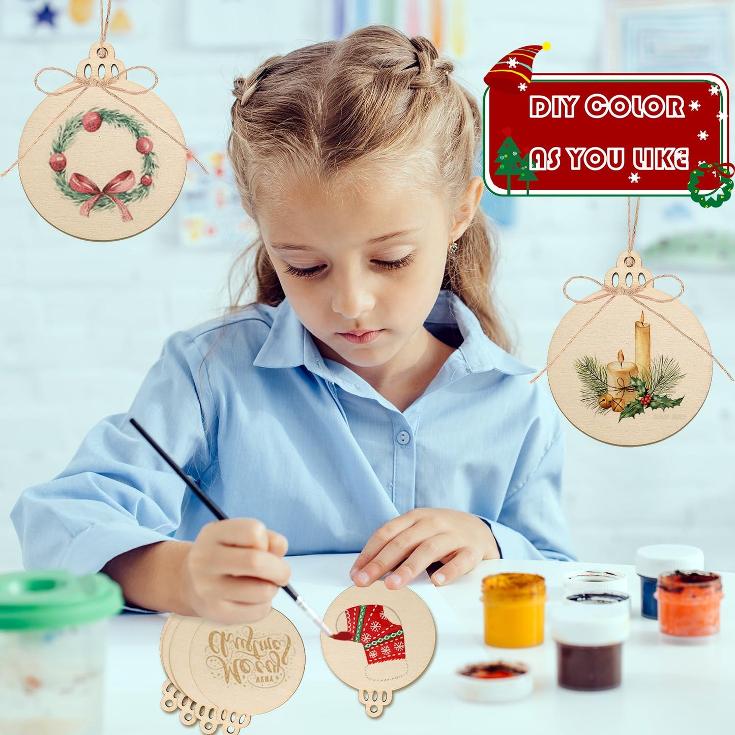 Artmag 100pcs Christmas Unfinished Wood Wooden DIY Hanging Ornaments Blank Round Wood Discs for Crafts Centerpieces Holiday Christmas Hanging Decor Decorations