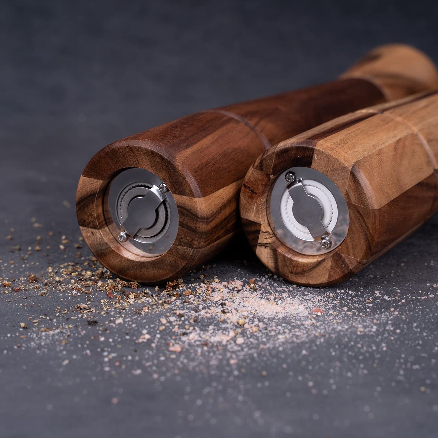 DeroTeno Salt and Pepper Grinder Set with Tray, Adjustable Ceramic Grinder Salt Mill, Stainless Steel Grinder Pepper Mill, Acacia Wood, 32 cm / 12 inch Height, Bottom Dia 6 cm (Tray is Included)