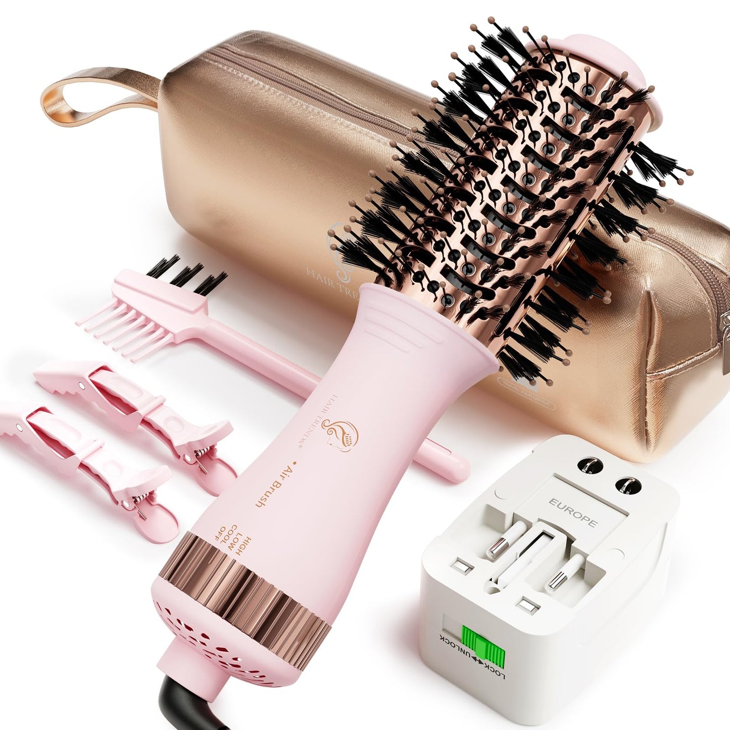 110-240V Travel Brush Hair Dryer, Small Hair Straightener Brush with European Plug Adapter for International Travel, 4 in 1 Hot Air Styler & Dryer for Drying Straightening Curling Volumizing