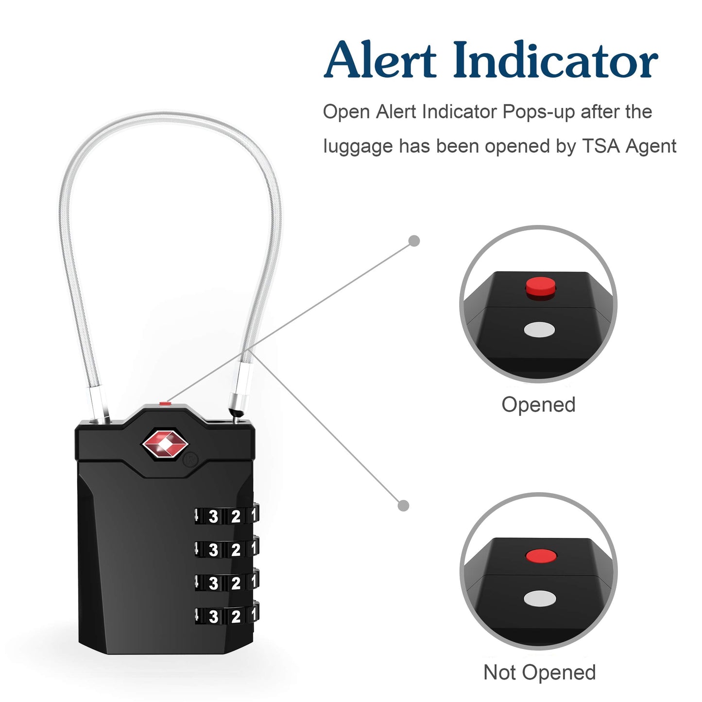 TSA Approved Locks for Luggage, 2 Pack Combination Travel Steel Cable Lock, Re-settable 4 Digit Padlocks with Inspection Indicator, Alloy Body Keyless Padlock for Lockers, Backpacks, Bags - Black