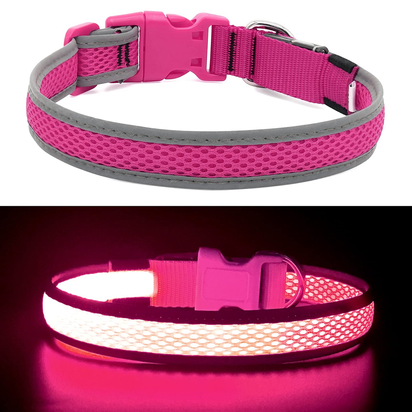 YFbrite Light up Dog Collar, Rechargeable LED Dog Collar, Flashing Dog Collar, Adjustable Reflective Dog Collar Safety Glowing at night (Pink, Medium)