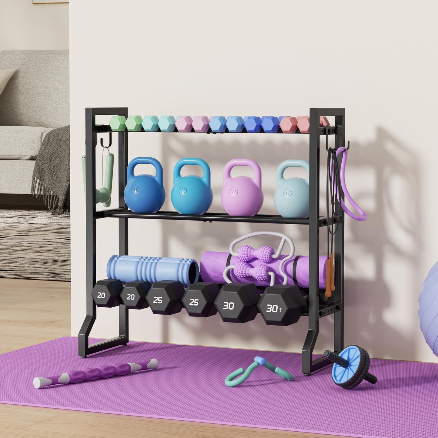 VOPEAK 3-Tier Adjustable Dumbbell Rack, 31-Inch Weight Rack for Home Gym with 4 Hooks, Home Gym Storage for Kettlebells, Space-Saving Dumbbell Stand - 400LB Capacity (Rack Only)