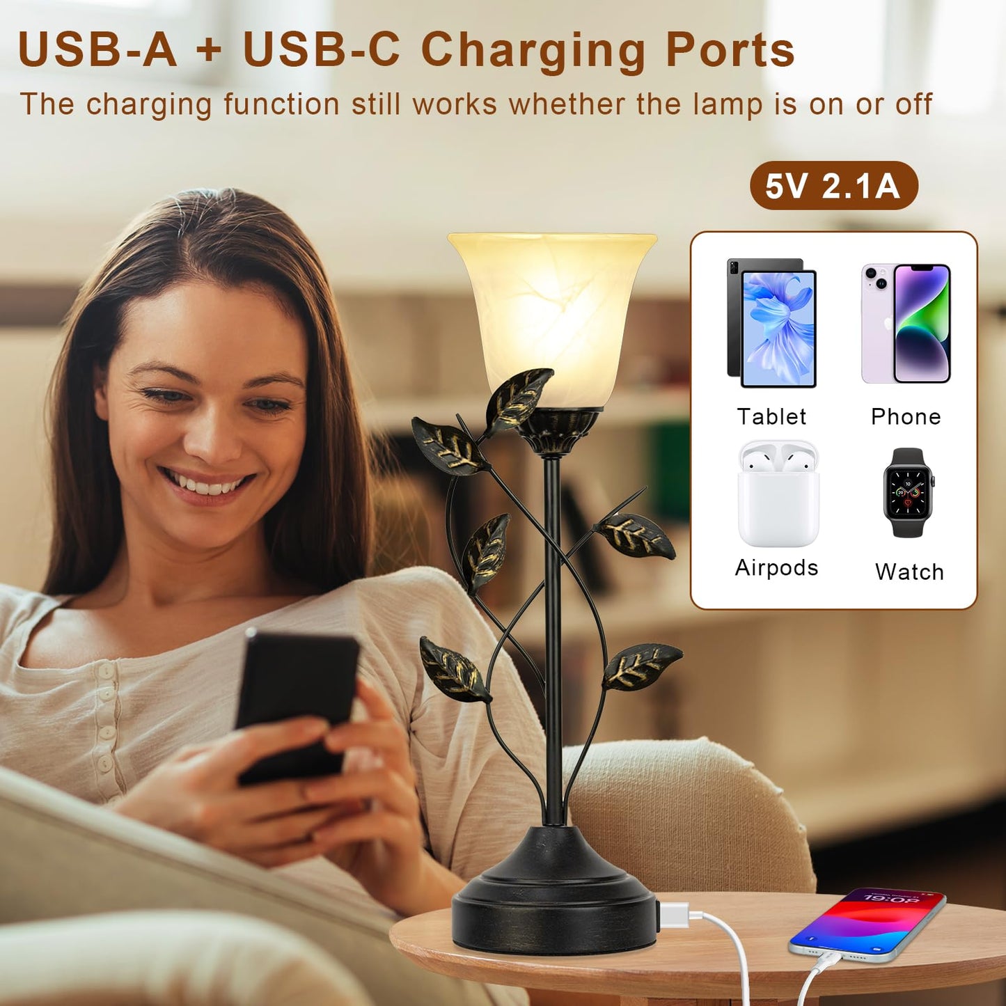 20 Inch Table Lamp for Bedroom with White Glass Shade, Retro Leaf Design Bedside Lamps Set of 2, 3-Way Dimmable Touch Control Lamps for Night Stands with USB C+A Charging Ports for Bedroom Living Room