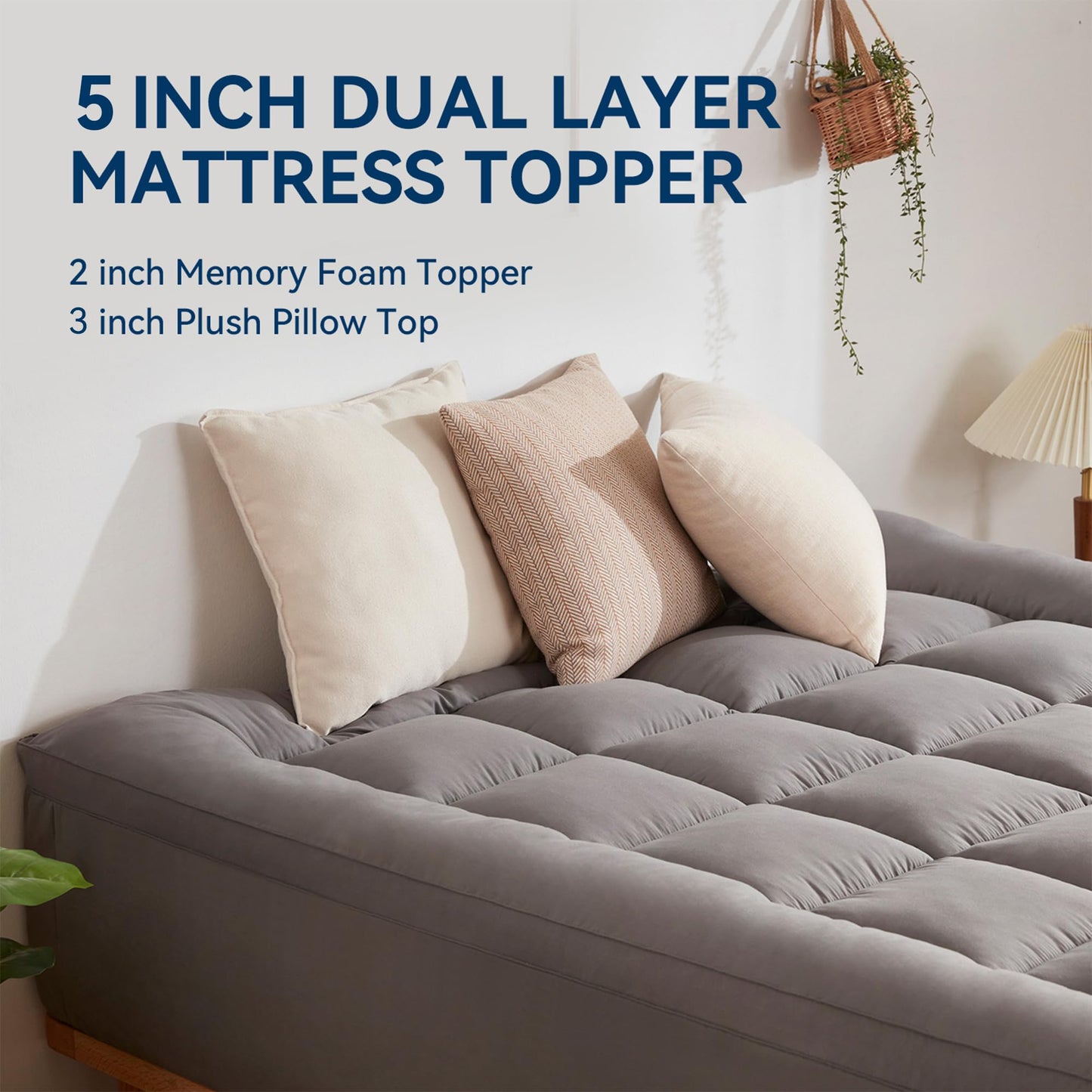 BDEUS Dual Layer 5 Inch Memory Foam Mattress Topper Twin XL Size for Dorm Room, 2 Inch Gel Memory Foam Plus 3 Inch 1450 GSM Pillow Top Mattress Pad Cover,Dark Gray