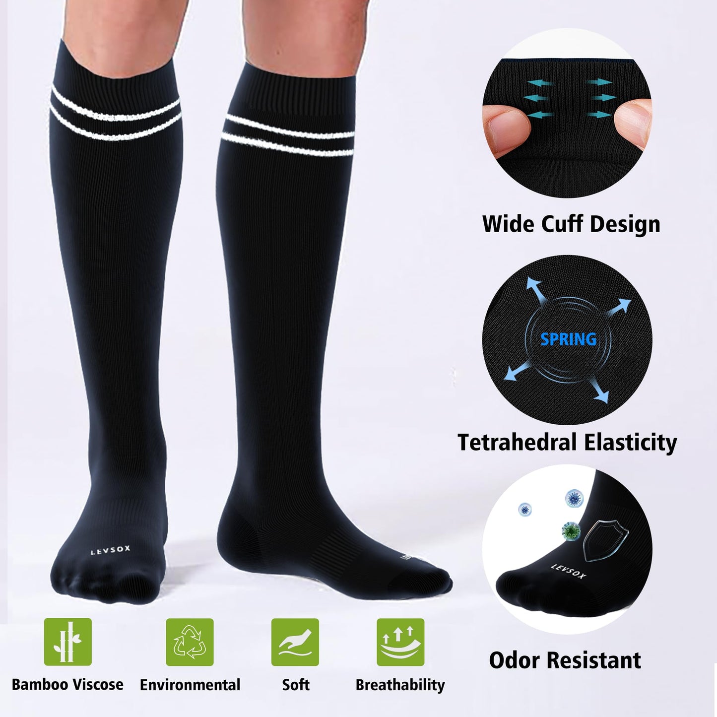LEVSOX Bamboo Compression Socks for Women&Men 20-30 mmHg Knee High Cute Support Socks for Nurses, Pregnant Women, Travel, 4 Pair-black, XL