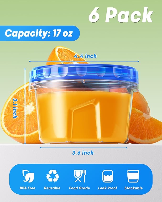 6 Pack-17oz Freezer Storage Containers, Plastic Food Storage Containers