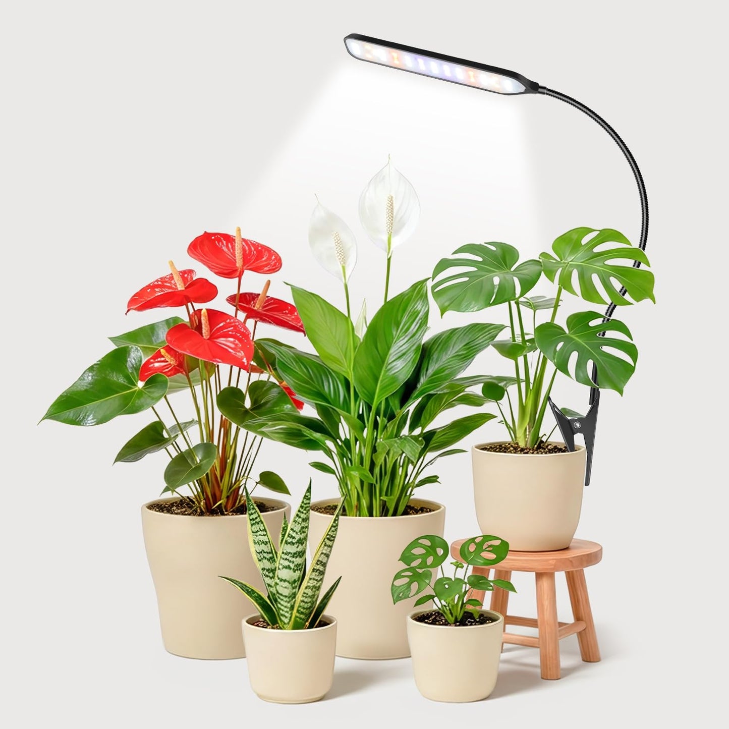 Garpsen Grow Light for Indoor Plants, 52 LEDs Full Spectrum Plant Light with Clip & Gooseneck, 3 Installation Methods, Dimmable & Timer 6/12/16Hrs, 3 Spectrums Grow Lamp for Seeding Small Plants