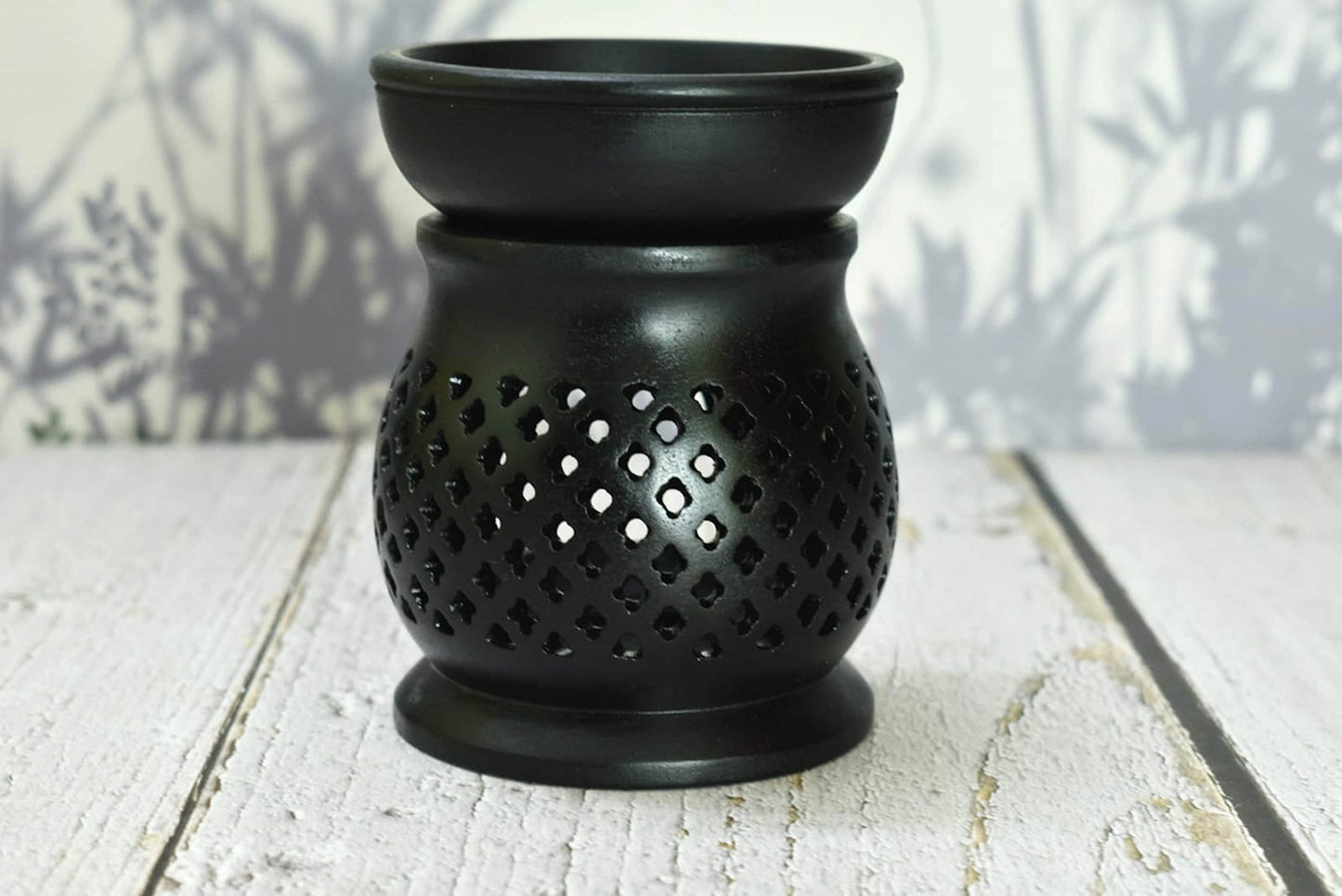Oil Burner Aroma Diffuser|Soapstone Tea Light Holder|Black Hand Carved Jali Work|Soapstone|for Aromatherapy- 5 inch (Design 1)