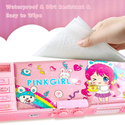 Pop Up Multifunction Pencil Case for Girls and Boys, Cute Cartoon Pen Box Organizer Stationery with Lock, Sharpener, Schedule, Whiteboard, School Supplies, Best Gifts for Kids Teens(Pink 2)