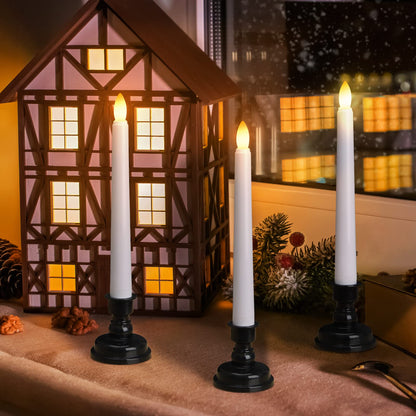 FREEPOWER Set of 6 Flameless Window Taper Candles with 6PCS Black Base, Battery Operated FlickeringTaper Candle with Remote and 4H/6H Timer,for Christmas Home Wedding Decor..