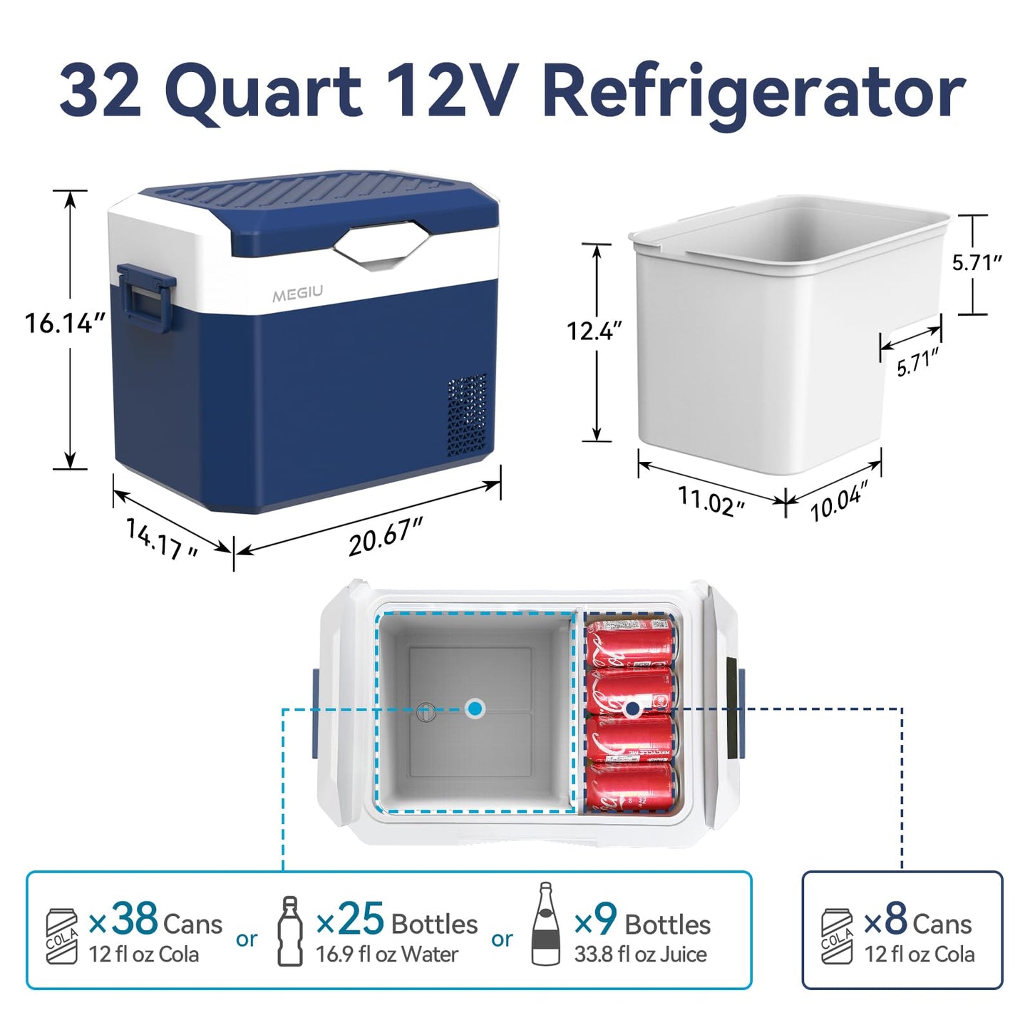 Megiu Car Refrigerator Portable 12V Fridge 32 Quart 12 Volt Freezer Compressor Cooler 12V/24V DC 110～240 V AC for Truck Van RV Camper SUV and Home Use