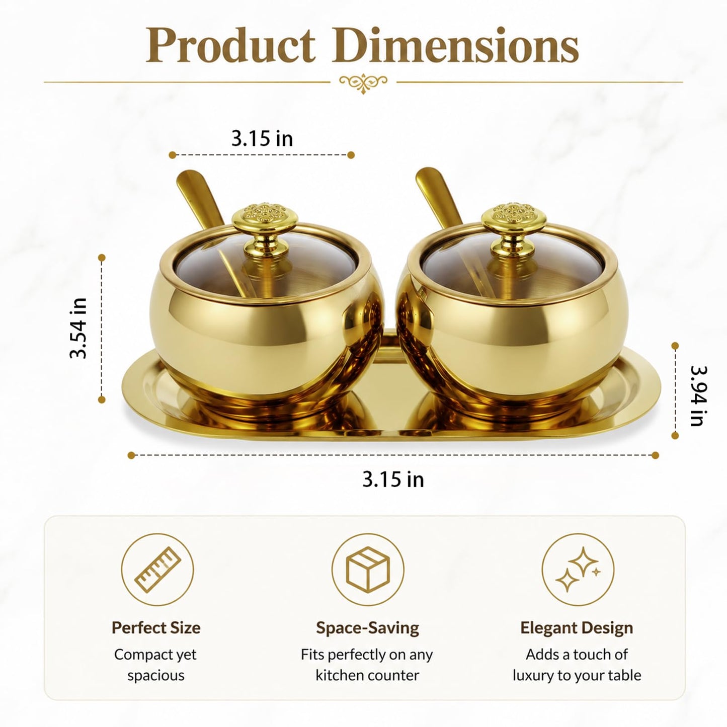 Toyosport 2 Pcs Stainless Steel Seasoning Jars with Tray, Spherical Sugar Container with Spoon & Clearn Lid for Salt, Pepper, 3.15 in Mouth, 3.54 in High, Coffee Bar Accessories, Gold