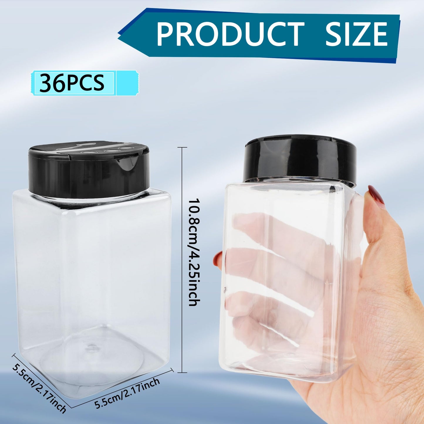 Conagel 36 Pack 9 oz Square Plastic Spice Jars with Black Lids Empty Seasoning Containers Plastic Storage Spice Bottles for Kitchen Peppers Salt