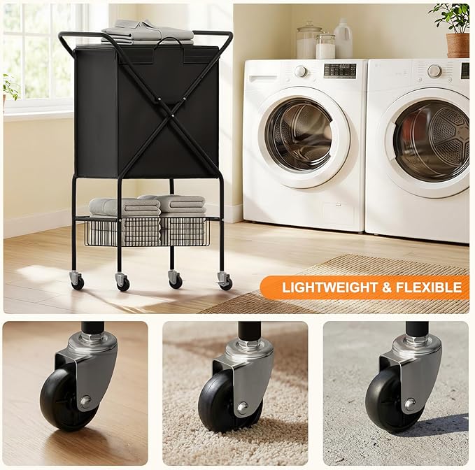 Laundry Basket with Wheels:88L Rolling Laundry Cart Foldable Metal Frame Dirty