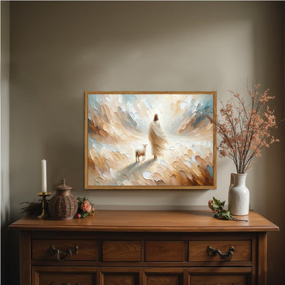 Framed Jesus leaves the 99 Sheep Canvas Wall Art, Christian Jesus and Lamb Wall Decor Paintings, Bible Good Shepherd Poster Prints Religious Home Decor for Living Prayer Room Church 12x16 inch