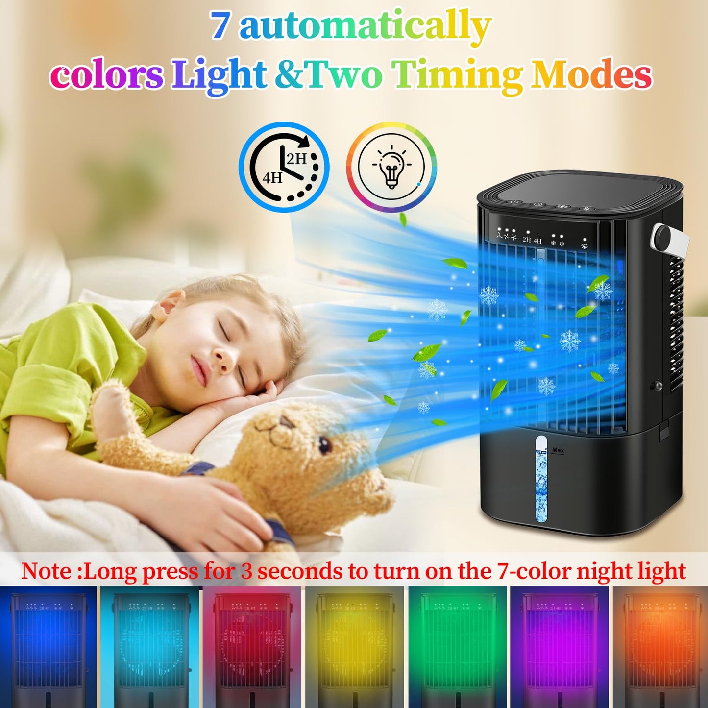 Upgraded Portable Air Conditioners- Evaporative Air Cooler,Portable AC with 3 Wind Speed & Mist, Mini Cooling Fan Personal Air Conditioner with 7 Night Light & 2-4H Timer for Bedroom Office Home-Black