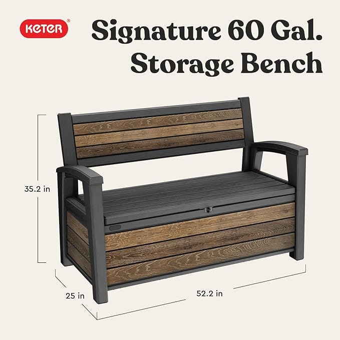 Keter Signature 60 Gallon Storage Bench Deck Box for Patio Furniture, Front Porch Decor and Outdoor Seating – Perfect to Store Garden Tools, Walnut