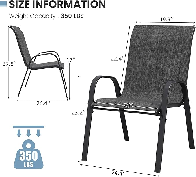 Patio Dining Chairs Set of 4, Stackable Dining Chairs High Back, Breathable Seat Fabric and Alloy Steel Frame Fit Backyard, Porch, Lawn，Poolside (Dark Grey)