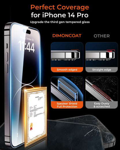 DIMONCOAT 4-PACK TOP 9H+ Glass for iPhone 15 Pro Privacy Screen Protector [Auto Alignment Kit] [10X Military Protection] UNBREAK Tempered Glass Film for iPhone 15 Pro 6.1 inch [Case Friendly]