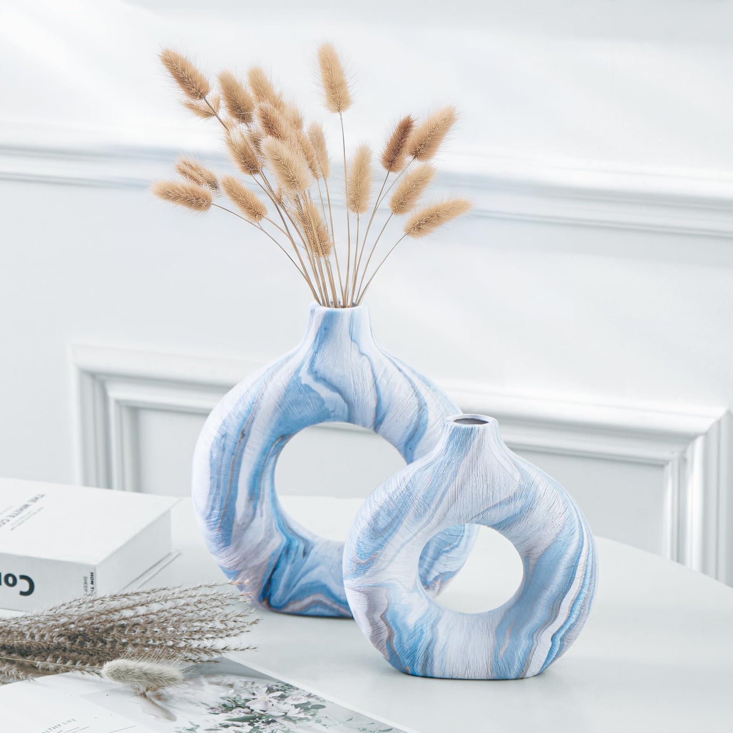 Ceramic Donut Vase Set of 2, Light Blue & White Ring Centerpiece for Pampas Grass, Modern Boho Hugging Snuggle Design, Small Blue Flower Holder for Shelf, Mantel, Wedding Table Decor（8.07"H & 6.3"H）