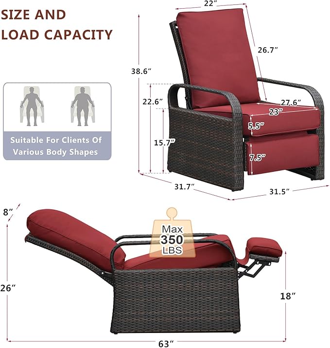Outdoor Recliner, Outdoor Resin Wicker Patio Recliner Chair with 5.5'' Cushions, Patio Furniture Auto Adjustable Rattan Sofa, UV/Fade/Water/Sweat/Rust Protected, Easy to Assemble (Red)
