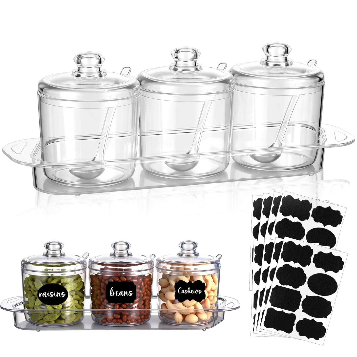 LemonRoad Set of 3 Clear Acrylic Sugar Bowl with Lid and Spoon for Coffee Bar Accessories, 7oz Tea Sugar Coffee Containers Salt Canister Spice Jars, Kitchen Seasoning Box Condiment Pots with Labels