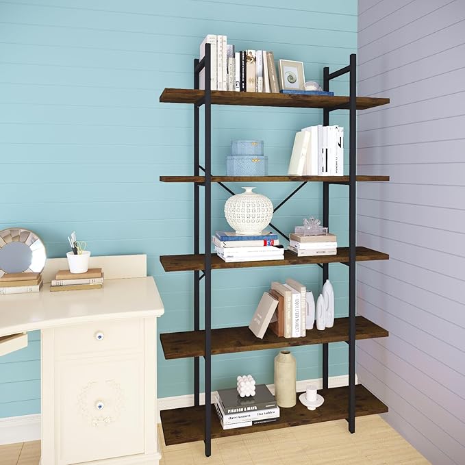 5 Tiers Bookshelf Organizer Industrial Shelf, Modern Open Display Storage