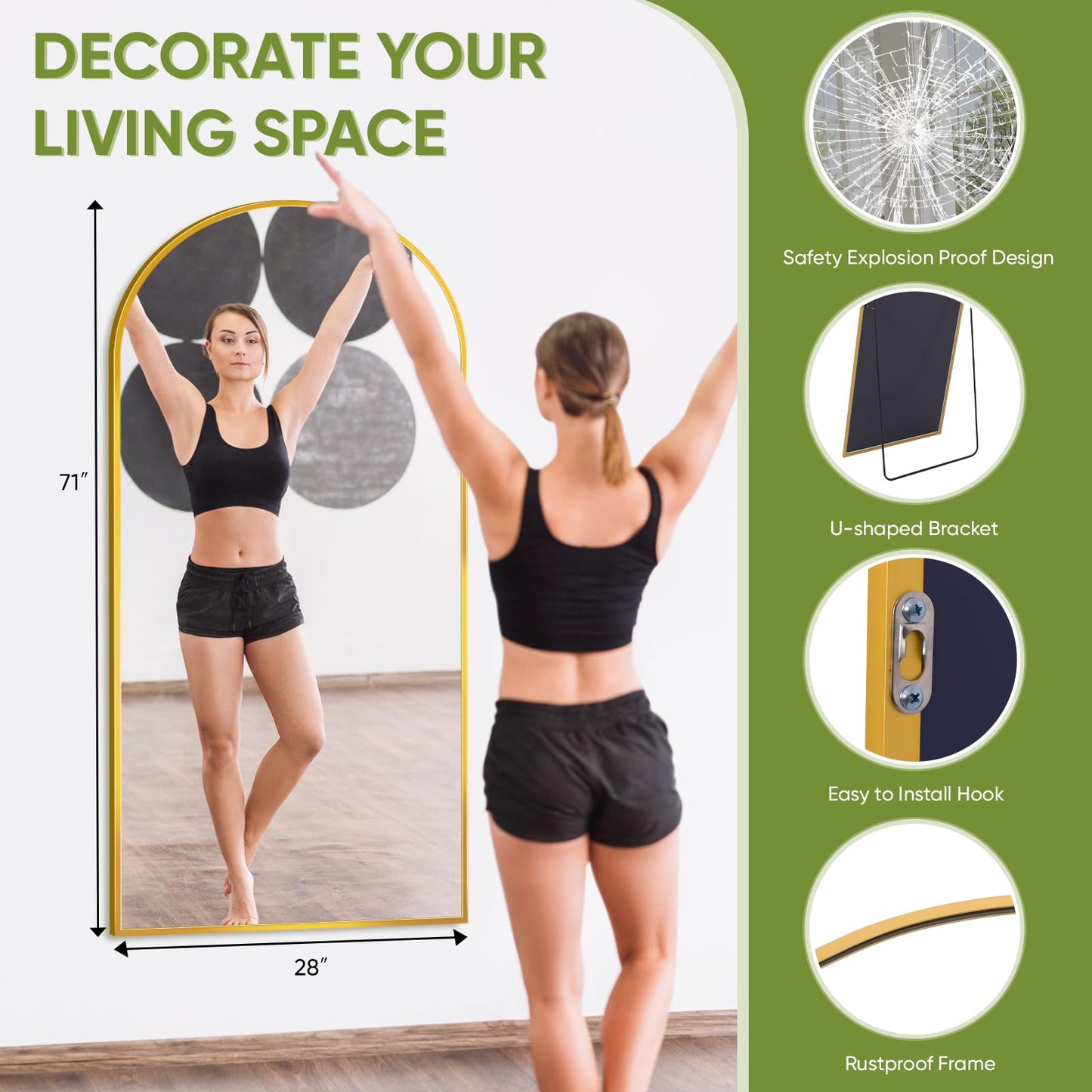 Coomily Full-Length Floor Mirror with Stand, 71"x28" Arched Style Full Body Standing Mirror for Bedroom, Living Room, Gym, Dorm - Shatter-Resistant & Easy Assembly, Gold