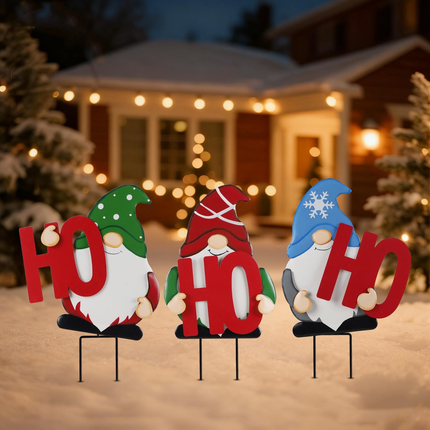 DR.DUDU Set of 3 Christmas Gnomes Outdoor Decorations- Xmas Gnomes Stakes HOHOHO Metal Yard Sign Decor for Outside Garden Lawn Patio Pathway