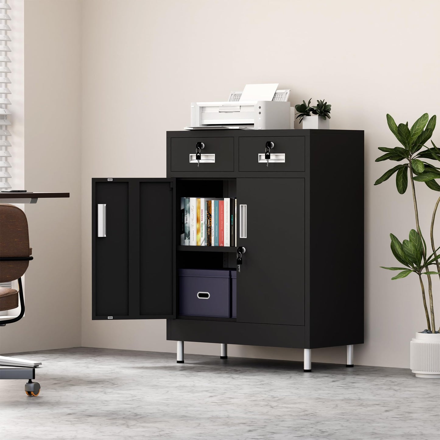 JINGUR Metal Storage Cabinet with Locking Doors and 2 Drawers, Lockable Storage Cabinet with Adjustable Shelf for Home Office Garage Entryway Pantry (Black)