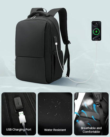 Laptop Backpack, Business Travel Backpack with Charging Port, Water Resistant Laptop Rucksack, Anti-Theft Backpack for Men Women, Fits 15.6-inch Laptop School Bag Black