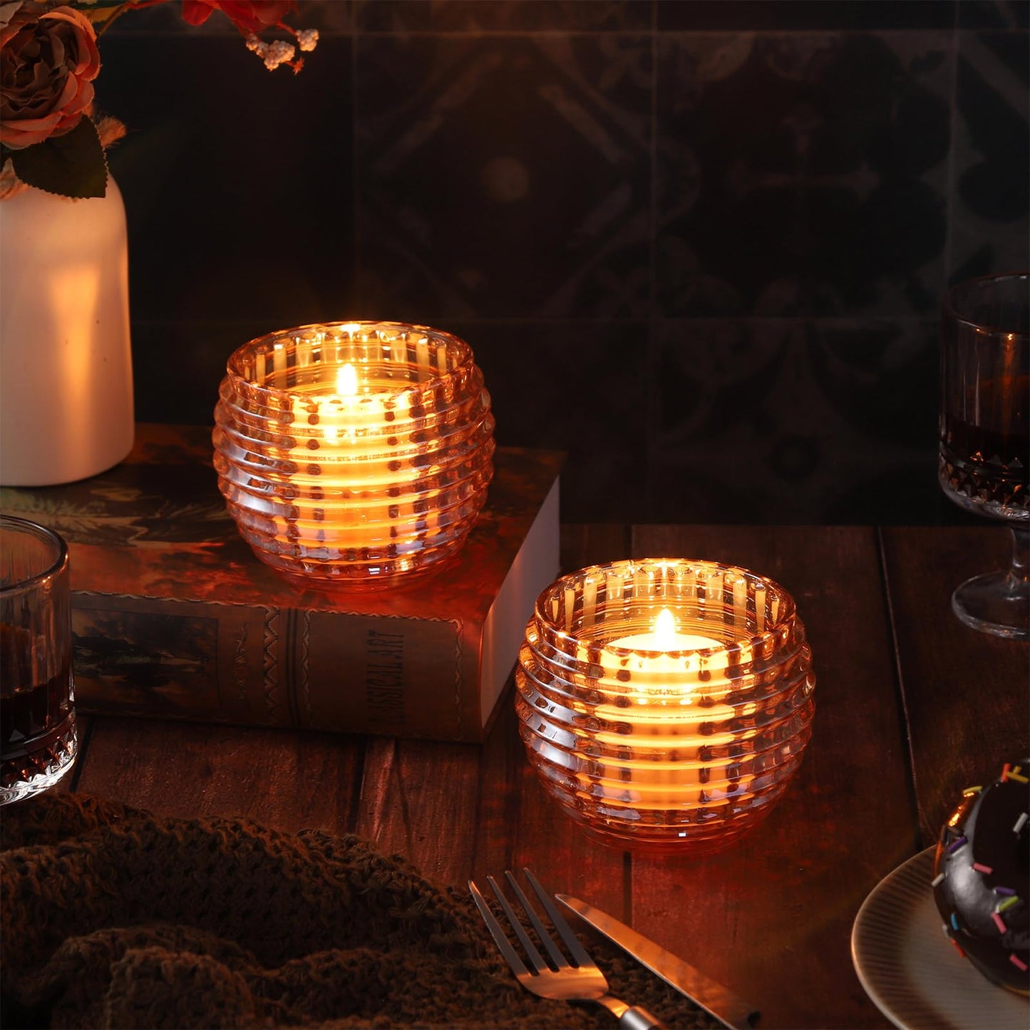 TkoYuHm 2 Pack Amber Glass Votive Candle Holders for Home Decor Round Bubble Tea Light Holder for Valentine’s Day Table Centerpiece Wedding
