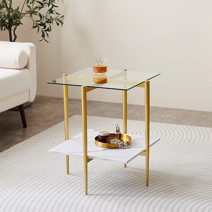 LumFurn Square Glass End Table, Mid-Century Modern Design Sofa Table,