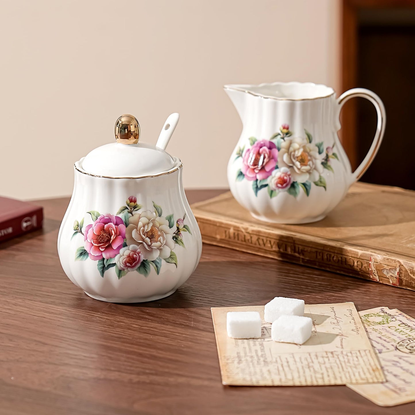 Cozierlavie Sugar Bowl with Lid and Spoon, 10.1oz Ceramic Sugar Jar for Salt，Coffee Bar, Home, Kitchen (Camellia)