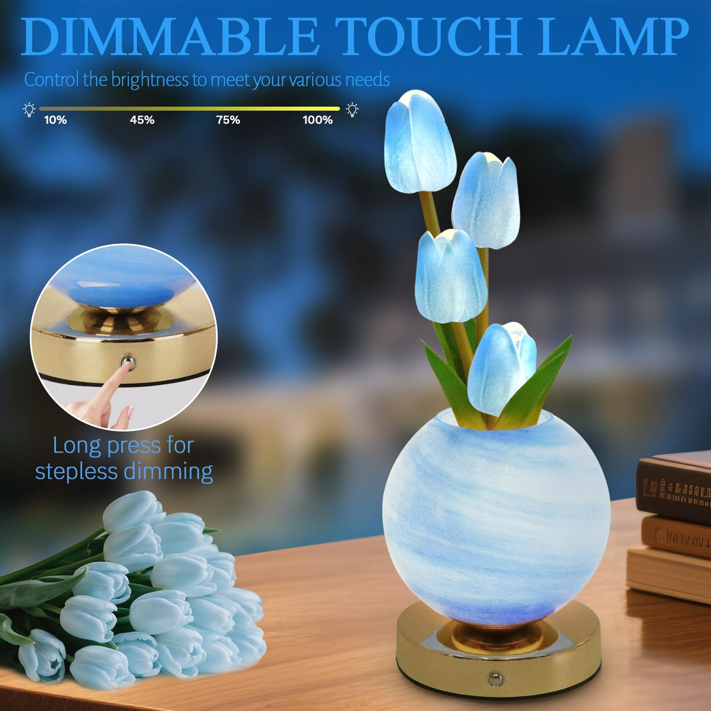 Strackvial Tulip Table Lamp, Rechargeable Cordless Touch Dimming Artificial Tulip Flower Desk Lamp, LED Flower Bedside Night Light Romantic Gifts for Girl Women Mom (Blue)