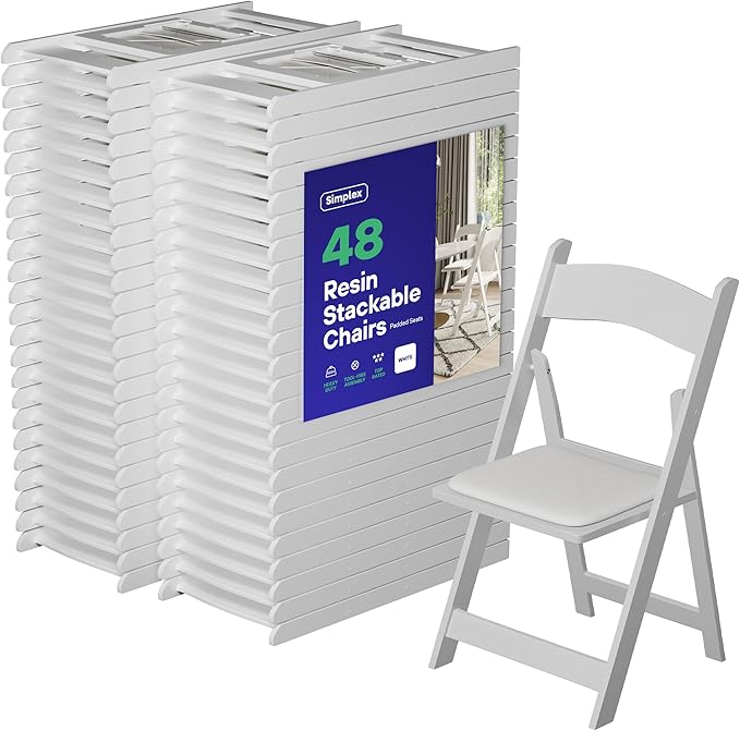 SIMPLEX 48 White Folding Chairs – Resin Stackable Foldable Chairs with Padded Seats – Comfortable White Folding Chairs for Indoor/Outdoor Events – Lightweight Resin Chairs (48 Pack)