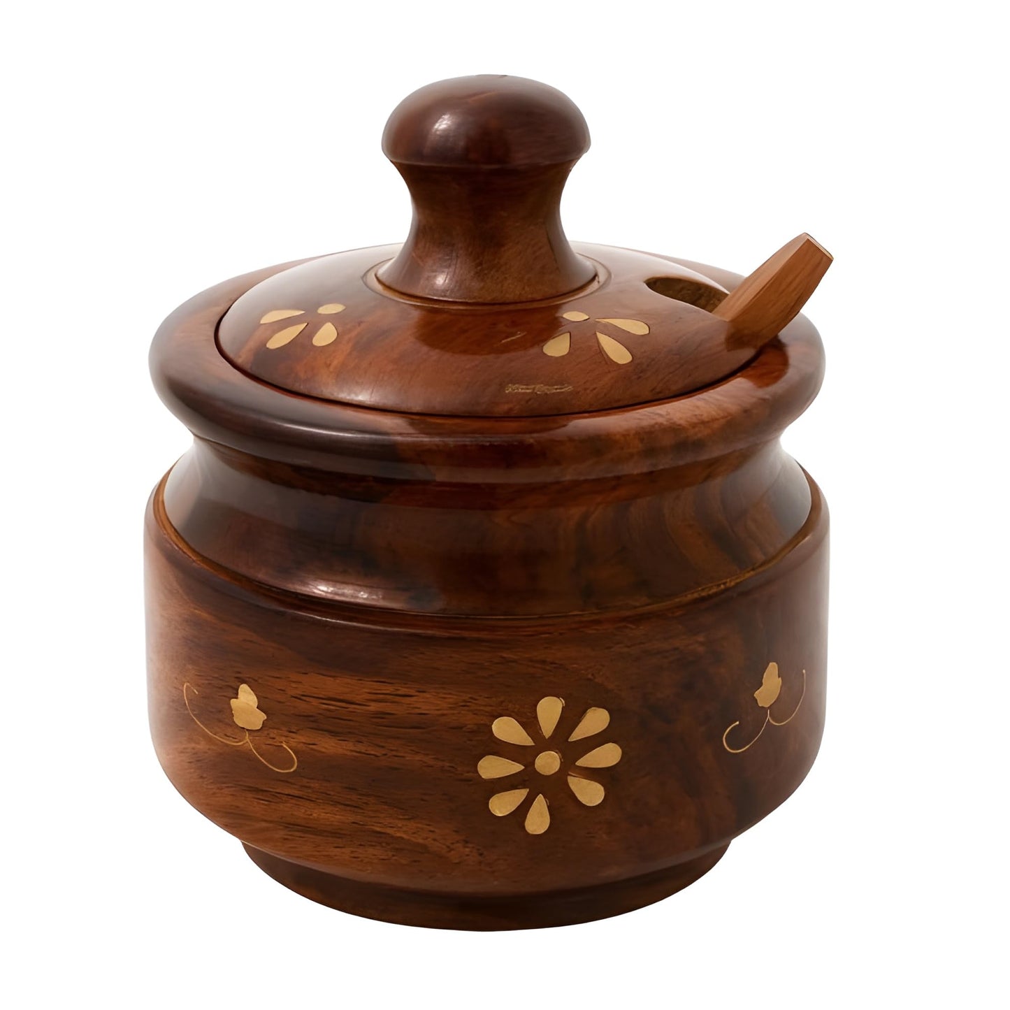 AMERIZONE Handcrafted Sheesham Wood Spice Jar with Spoon & Lid | Decorative Wooden Sugar/Spice Container with Brass Inlay | Traditional Kitchen Storage Pot