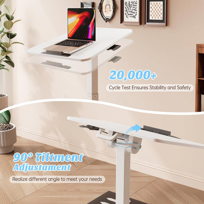 JYLH JOYSEEKER Foldable Mobile Standing Desk, 90 Tiltable Rolling Standing Desk, Height Adjustable Portable Laptop Workstation for Home Office, Easy to Fold, White