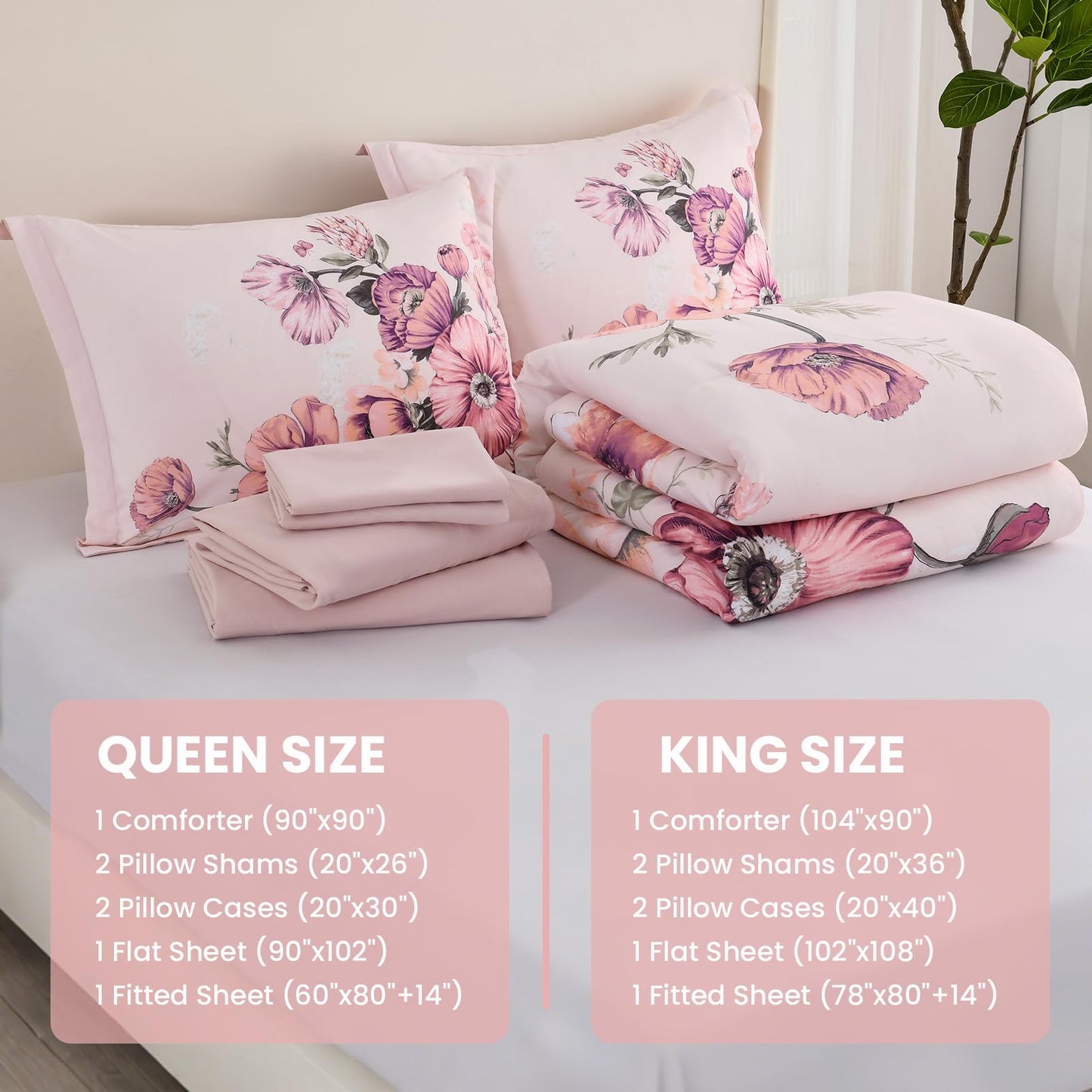 LLDSYW King Size Comforter Set - 7 Pieces Floral Comforter and Sheet Set, Pink King Size Bed in a Bag, Soft Microfiber Flower Complete Bedding Set for All Seasons（Pink,104"x90"）