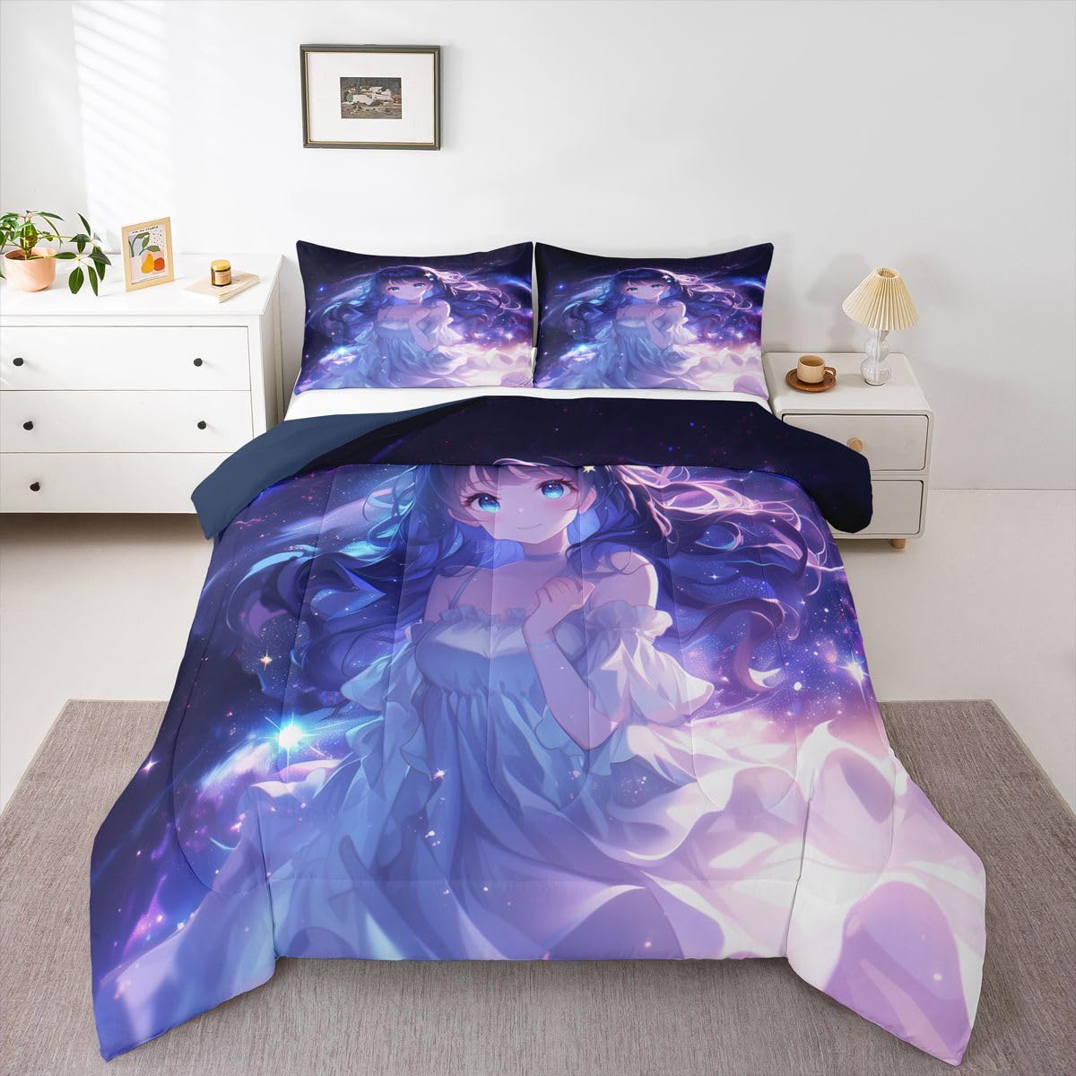 Erosebridal Anime Girls Bedding Anime Gifts Comforter Set for Kids Purple 3D Galaxy Printing Bedding Sets, Cartoon Long Curly Hair Girly Printed Comforter Kids Kawaii Japanese Girl Bed Set, Twin