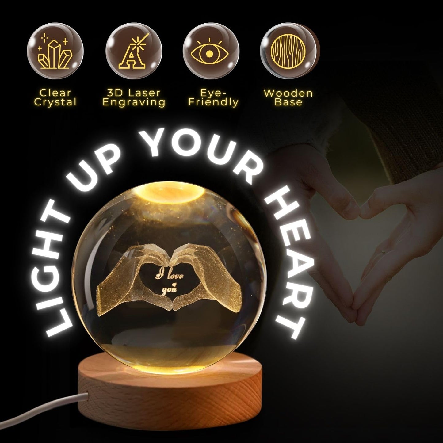 Flexzion 3D Love Crystal Ball Night Light 80mm (3.15 Inch), LED Glass Sphere Lamp with Solid Wood Base, USB Powered Adjustable Brightness Desk Decor Gift