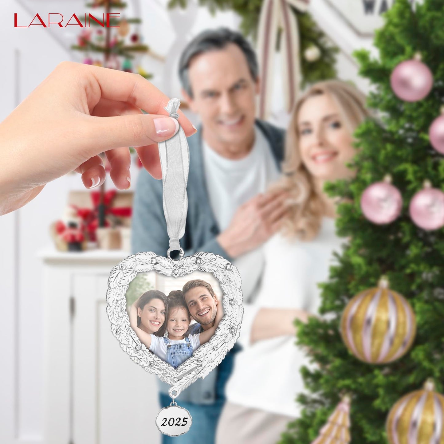 Laraine Christmas Tree Ornaments – Decorative Hanging 2025 Holiday Keepsake Gift Pendant with 2.5” Photo Frame Insert for Picture of Pet (Feather (2025))