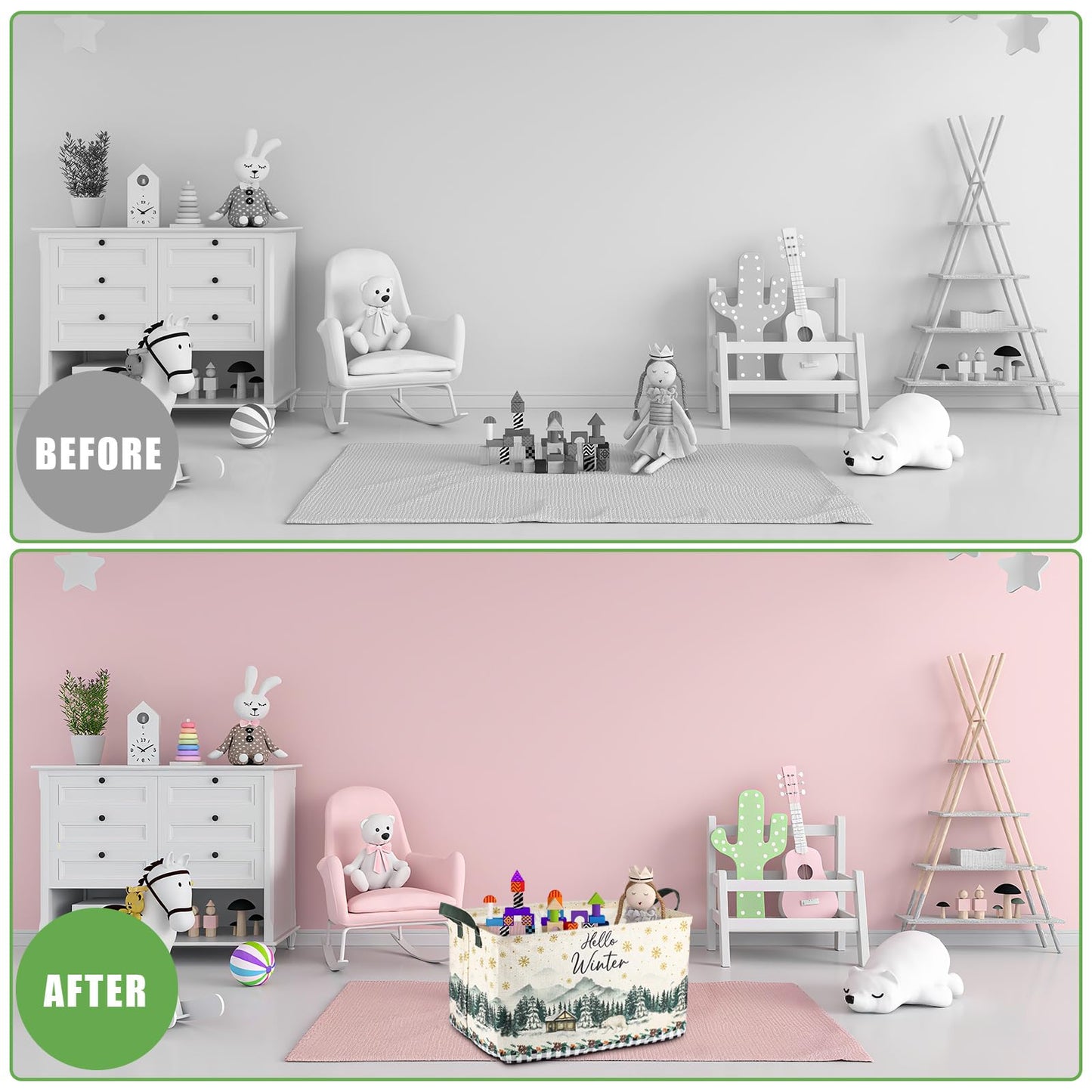 Geelin 3 Pcs Christmas Winter Baskets Wonderland Storage Basket for Gifts Collapsible Waterproof Canvas Xmas Reindeer Storage Bin Organizer with Handles for Book Closet Shelf Nursery Decor